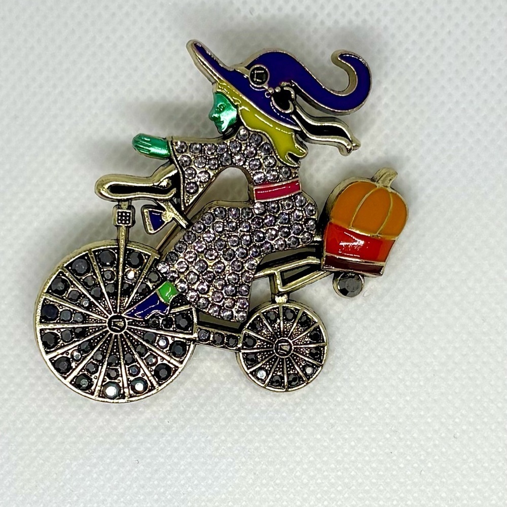 Whimsical Witch Riding Bicycle Pumpkin Crystal Brooch Pin